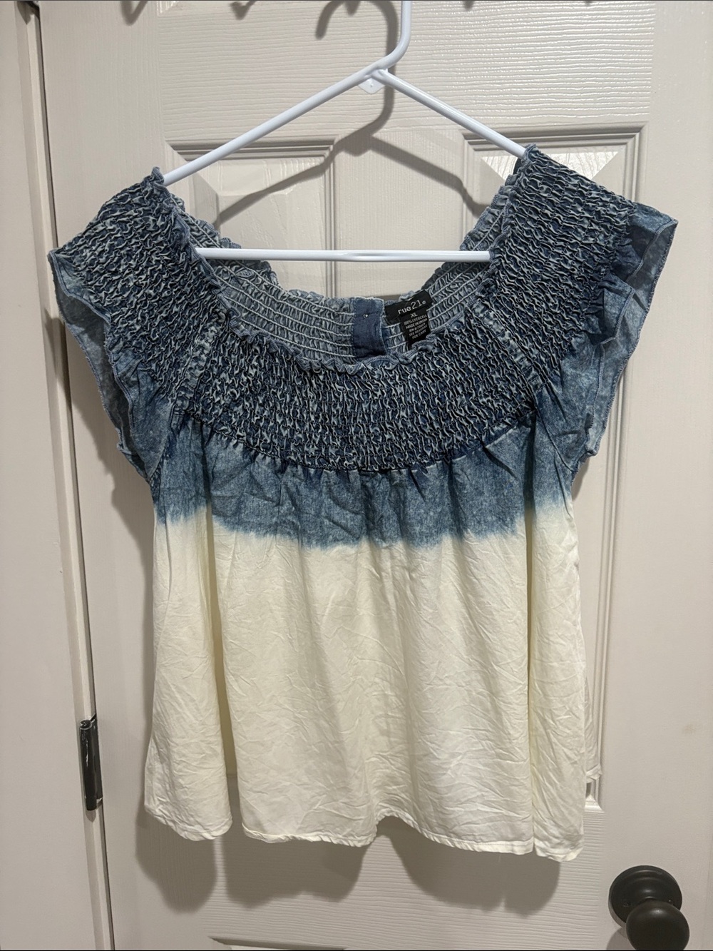 Rue21 Blue and White Smocked Off-Shoulder Peasant Top